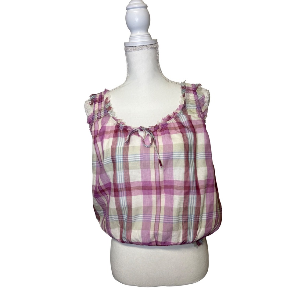 Lucky Brand Women's 100% Cotton Pink Plaid Tank Top with Tie Front Size Medium
